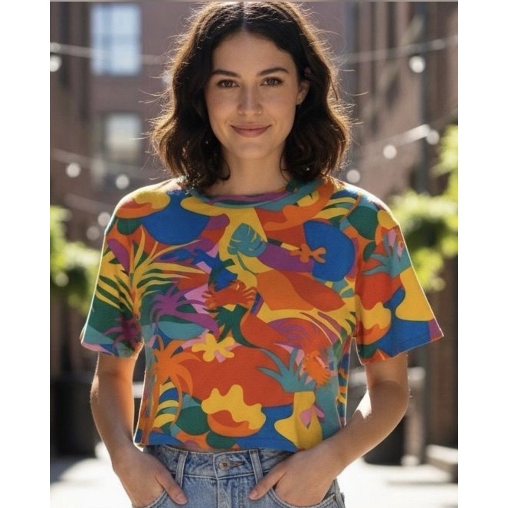 Nooworks Top Women's XL Crop Short Sleeve Stretch Tropical Bright Resort